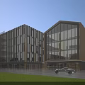 Modern Office Building Exterior With Glass Curtain Walls Wooden Panels And Front Plaza Lawn