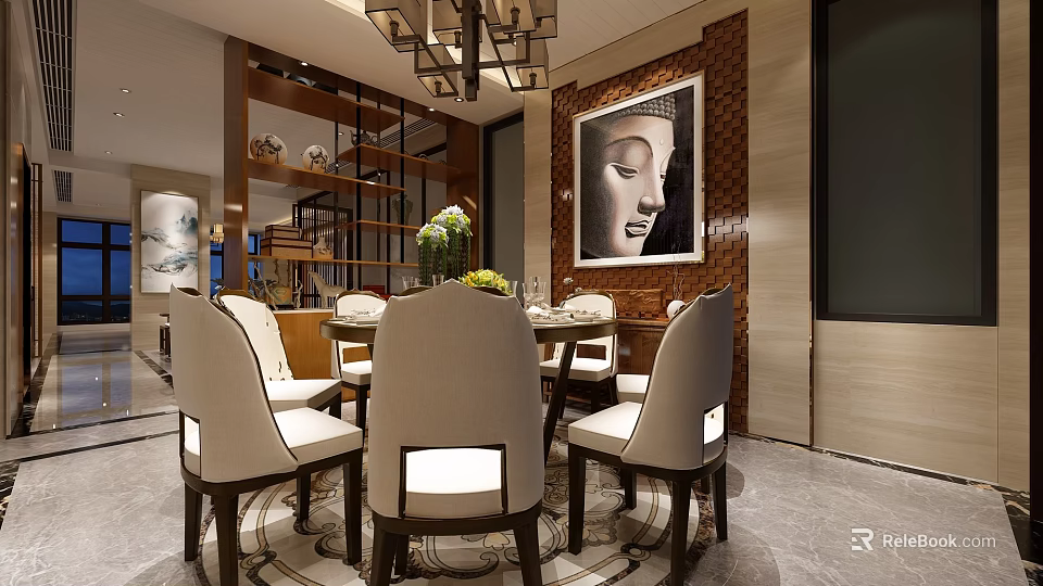 Elegant Modern Restaurant Interior With Dining Table Chairs Buddha Painting Chandelier And Wooden Shelves 3d model 