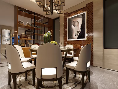 Elegant Modern Restaurant Interior With Dining Table Chairs Buddha Painting Chandelier And Wooden Shelves 3d model