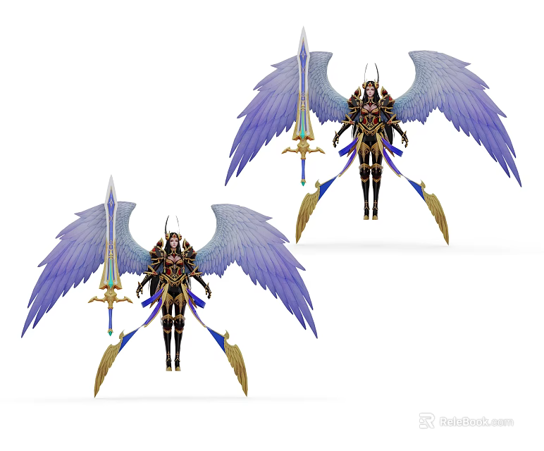 Game and Movie Character with Large Blue Wings Holding Long Sword in Ornate Armor 3d model 