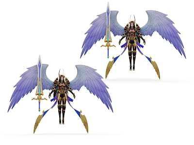 Game and Movie Character with Large Blue Wings Holding Long Sword in Ornate Armor 3d model