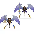 Game and Movie Character with Large Blue Wings Holding Long Sword in Ornate Armor