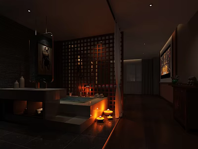 Serene SPA Sauna Interior With Wooden Lattice Screen Bathtub And Warm Lighting Candles 3d model
