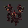 Group of armed figures in black tactical gear with red goggles holding rifles