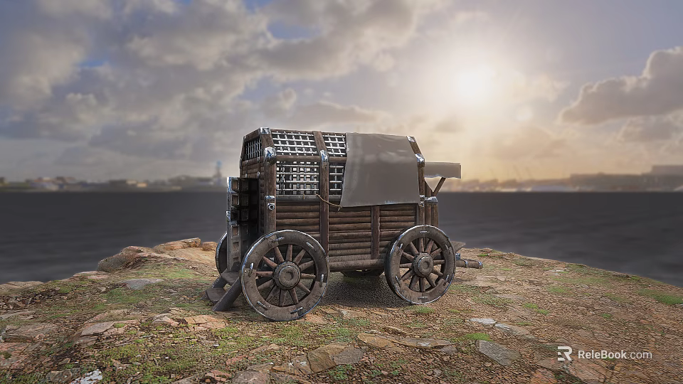 Vintage Wooden Carriage On Rocky Shore With Metal Grille And Sunset Sky 3d model 