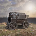 Vintage Wooden Carriage On Rocky Shore With Metal Grille And Sunset Sky
