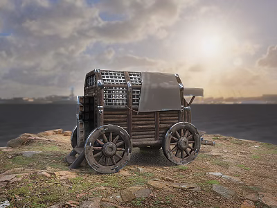 Vintage Wooden Carriage On Rocky Shore With Metal Grille And Sunset Sky 3d model