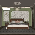 Classic Bedroom Interior With Wooden Bed Patterned Wallpaper Checkered Rug Nightstands And Ceiling Light