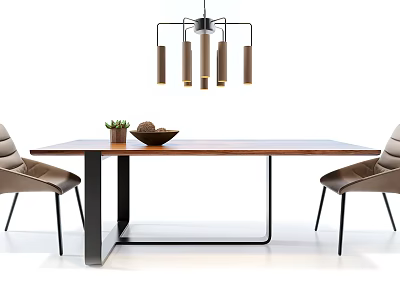 Modern Dining Table Set With Wooden Top Metal Frame Leather Chairs And Hanging Pendant Light 3d model