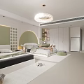 Modern Bedroom Interior With Two Beds Light Green Arched Walls Circular Decorations And Pendant Light 3d model