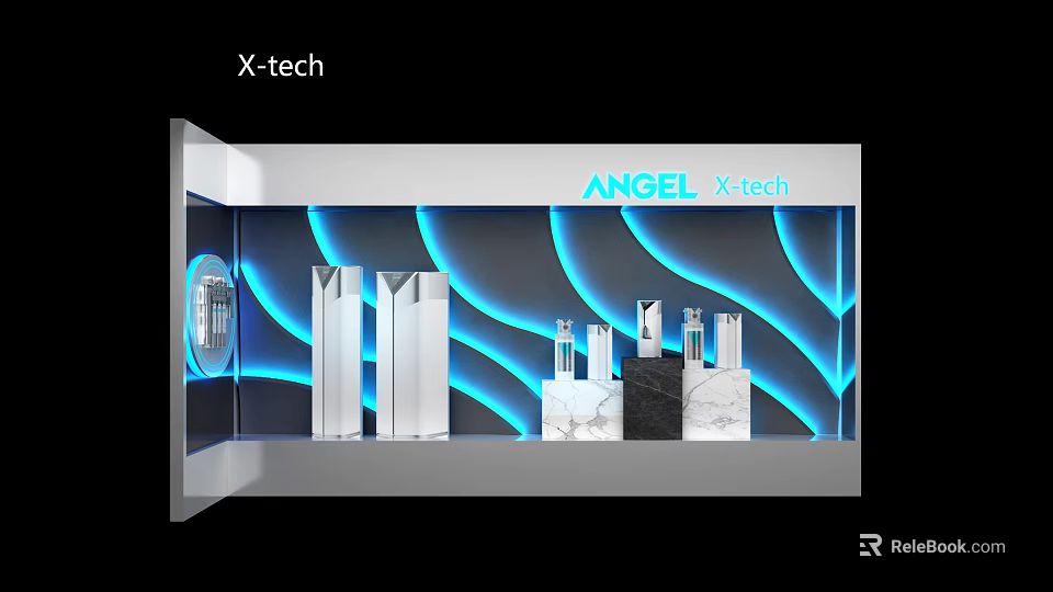 Angel X tech Background Wall with Blue Wavy LED Lighting Transparent Columns and Marble Bases 3d model 