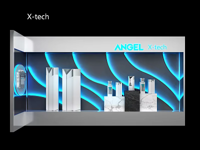 Angel X tech Background Wall with Blue Wavy LED Lighting Transparent Columns and Marble Bases 3d model