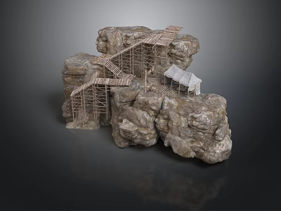 Natural Rock Formation With Rustic Wooden Scaffolding And Small House Structure 3d model