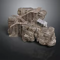 Natural Rock Formation With Rustic Wooden Scaffolding And Small House Structure