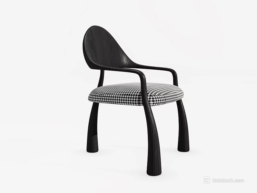 Black Dining Chair With Curved Backrest Armrests And Checkered Seat 3d model 