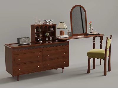 Wooden Dressing Table With Mirror Chair Drawers Table Lamp And Decorative Items 3d model