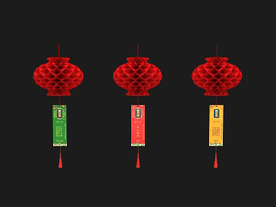Traditional Red Chinese Lanterns With Three Colored Tags Green Red Yellow Decor 3d model