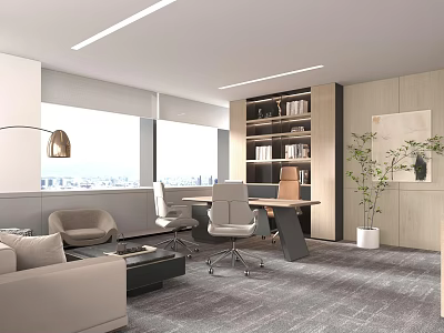 Modern Office Interior Design With Sofa Desk Chairs Bookshelf Potted Plant And City View 3d model