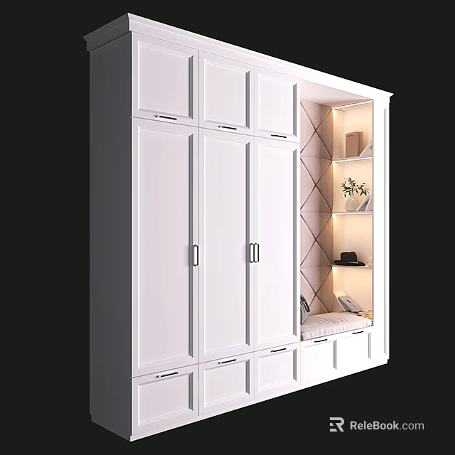 White Integrated Shoe Cabinet With Interior Shelves Decorative Plant And Seating Bench 3d model 