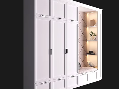 White Integrated Shoe Cabinet With Interior Shelves Decorative Plant And Seating Bench 3d model