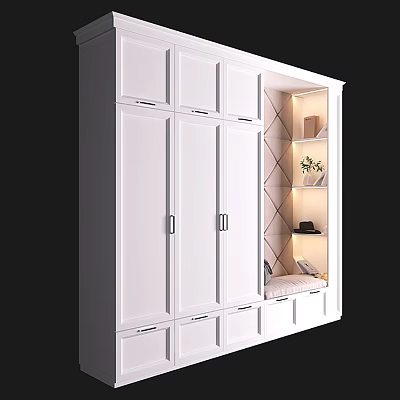 White Integrated Shoe Cabinet With Interior Shelves Decorative Plant And Seating Bench 3d model