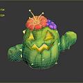 Cartoon Cactus Character With Green Body Waving Arm Yellow Face Features And Flower Decorated Head