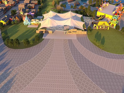 Amusement Park Featuring Large White Tent Colorful Buildings Central Square Green Lawns And Paved Paths 3d model