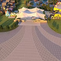 Amusement Park Featuring Large White Tent Colorful Buildings Central Square Green Lawns And Paved Paths