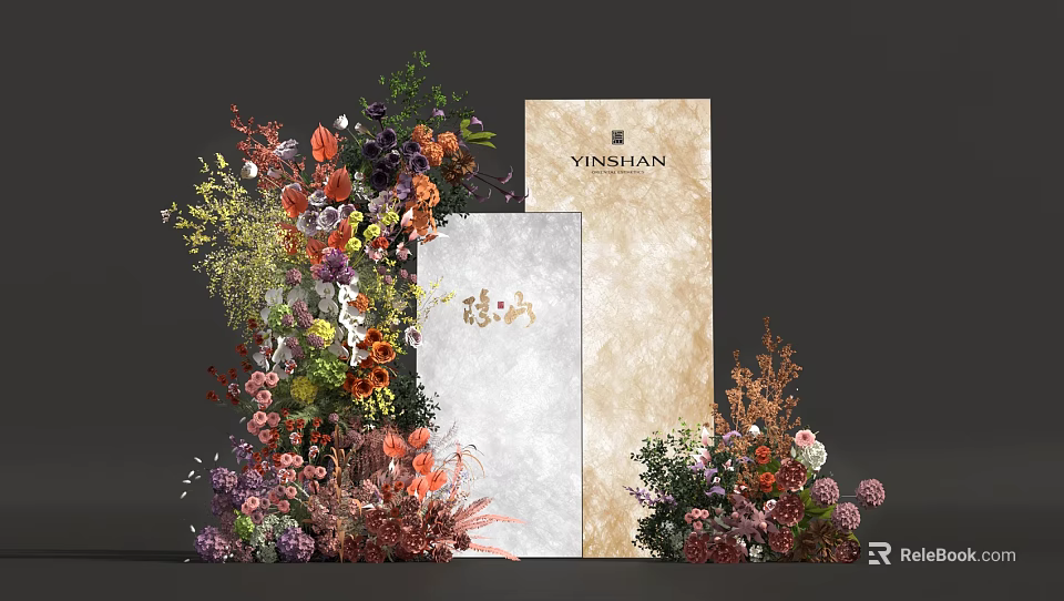 Floral Installation With Vibrant Red Orange Purple Flowers And Branded Signboards On Beige White Panels 3d model 