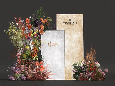 Floral Installation With Vibrant Red Orange Purple Flowers And Branded Signboards On Beige White Panels 3d model
