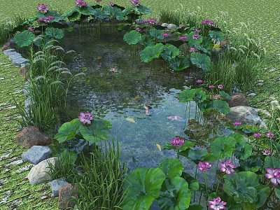 Tranquil Water Fountain With Lotus Flowers Green Leaves Clear Water And Rocks Surrounded By Grass 3d model