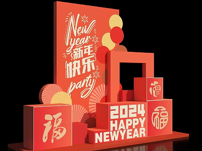 Red New Year Decorations With 2024 Happy New Year Sign And Fortune Characters 3d model