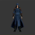 Blue Hooded Robe With Gray Arm Guards And Boots Standing On Gray Background