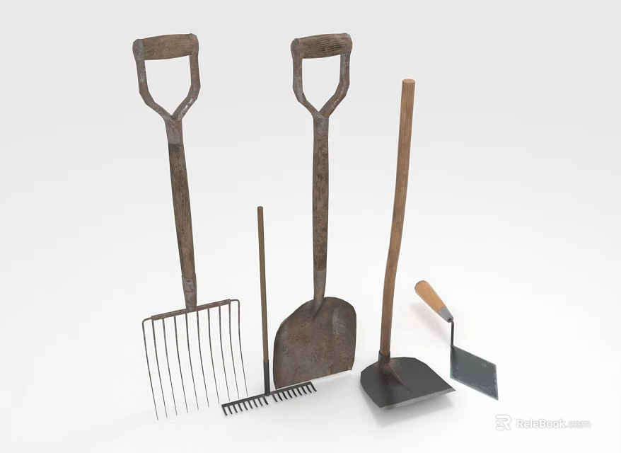 Practical Hardware Tools Collection With Metal Rakes Shovels And Wooden Handles 3d model 