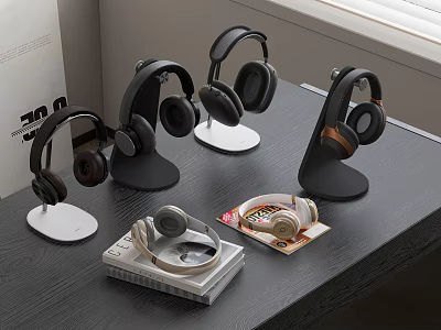 Modern Headphones Audio Collection With Different Styles And Stands On Wooden Table 3d model