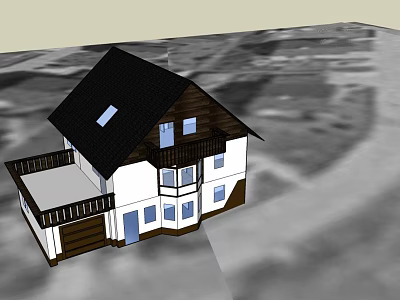 Single Family House With Black Roof White Brown Exterior Balcony And Blue Door 3d model