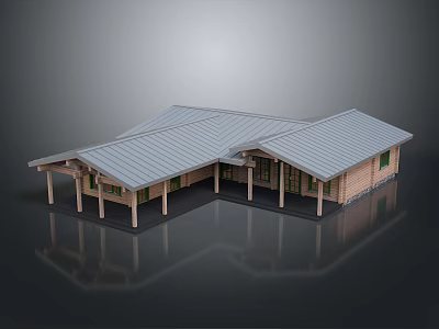 L Shaped Wooden Building With Sloped Metal Roof Supporting Pillars And Large Glass Windows 3d model