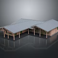 L Shaped Wooden Building With Sloped Metal Roof Supporting Pillars And Large Glass Windows