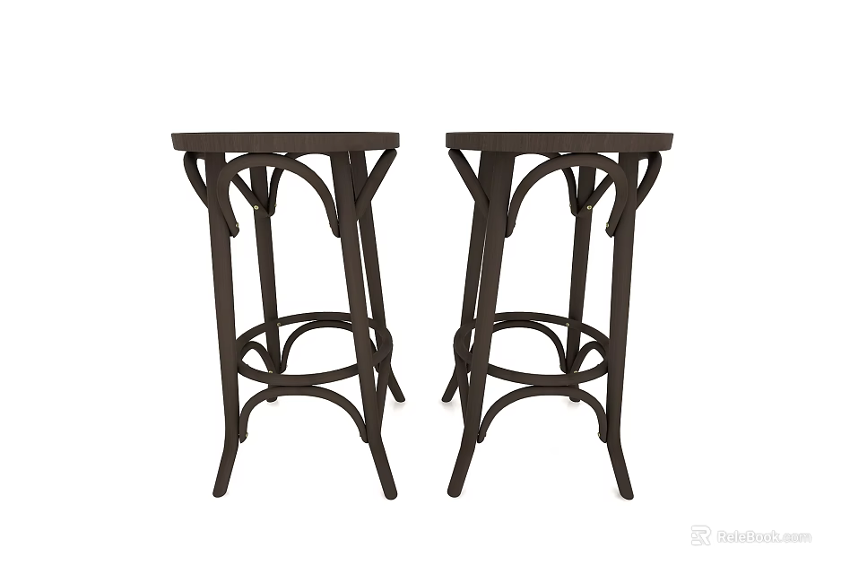 Two Stylish Dark Brown Bar Stools With Curved Legs And Intricate Design 3d model 