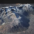Snow-capped mountain range with winding river through valley and rocky terrain 3d model