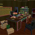 Cartoon Office Scene With Wooden Desk Green Lamp Cardboard Boxes Filing Cabinet And Red Floor