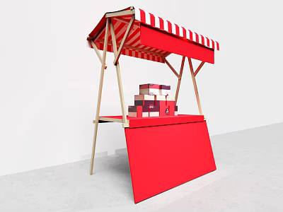 Red And White Striped Awning Market Stall With Red Counter And Boxes 3d model