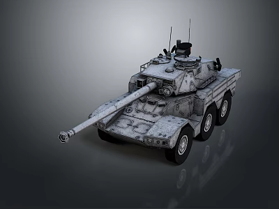 Military Tank 3D Model With Detailed Armored Hull Long Cannon And Six Wheels 3d model