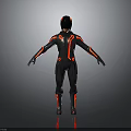 Futuristic Superhero Costume Design Featuring Black Red Armor Helmet And Arms Outstretched