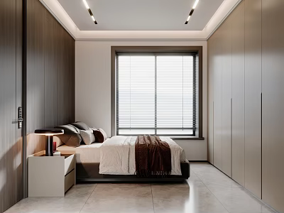 Minimalist Bedroom Interior With Bed Nightstand Window Blinds And Built In Wardrobes 3d model
