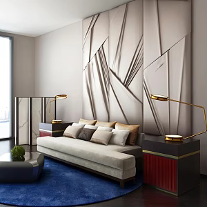Modern three-seat sofa corner table lamp luxury multi-person sofa geometric soft bag background combination 3d model