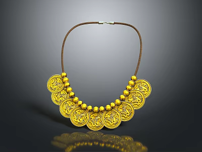 Golden Scallop Shaped Necklace With Small Beads And Brown Leather Cord 3d model