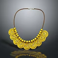 Golden Scallop Shaped Necklace With Small Beads And Brown Leather Cord