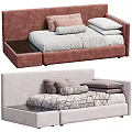 Light Gray and Brown Kids Beds with Geometric and Striped Bedding Pillows and Side Table