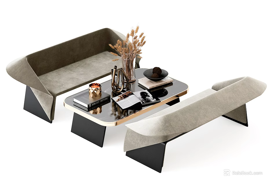 Elegant Modern Public Chair With Velvet Seats Metal Frame And Coffee Table Decor 3d model 